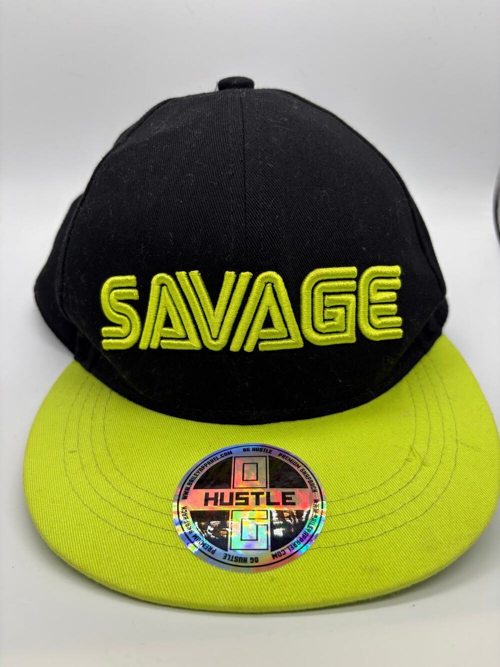 OG Hustle Savage Snapback Hat Black Neon Green Flat Brim Adjustable